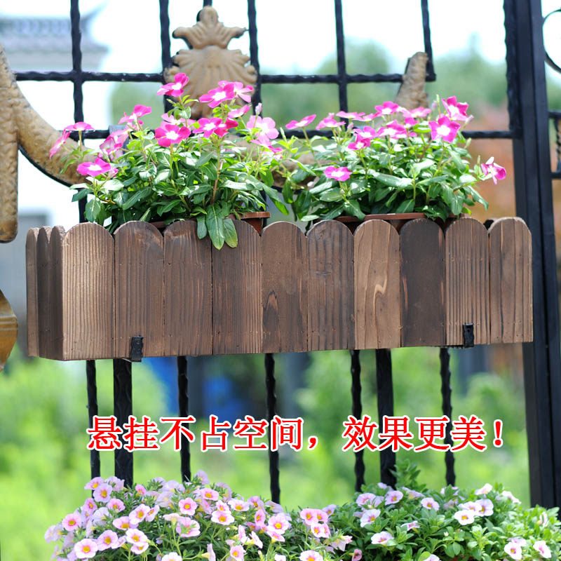 阳台挂式花盆架 户外_悬挂式花箱 长方形栅栏木花盆防腐木种菜盆花槽