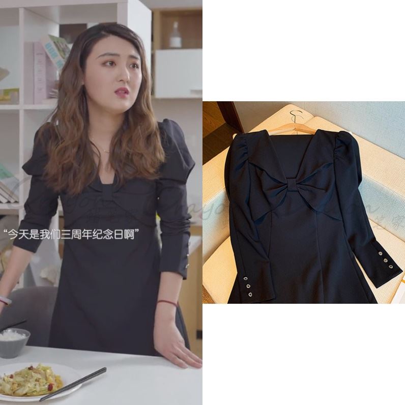 抖音乔七月同款衣服黑色泡泡袖连衣裙法式赫本风复古小黑裙气质女