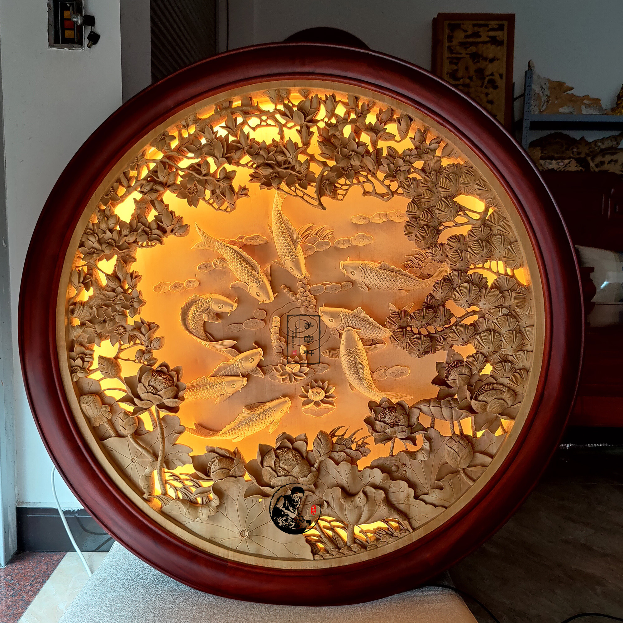 东阳木雕手工雕刻九鱼图双层圆盘玄关挂件富贵有余客厅入户墙壁挂