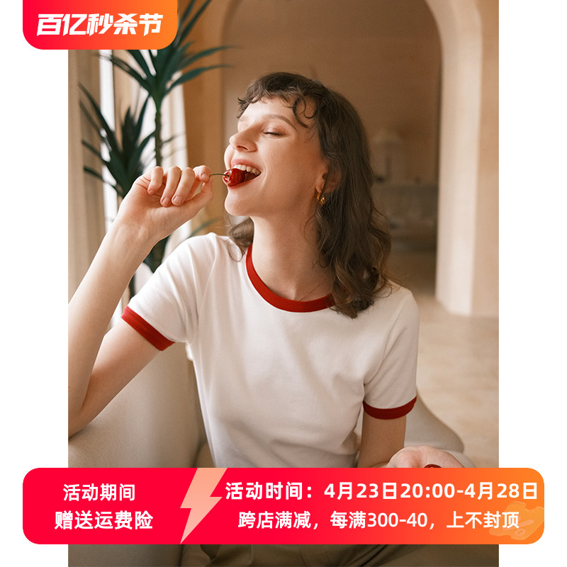 徐莫西 法式文艺范复古ins风红色领口撞色修身短袖棉T恤女夏上衣