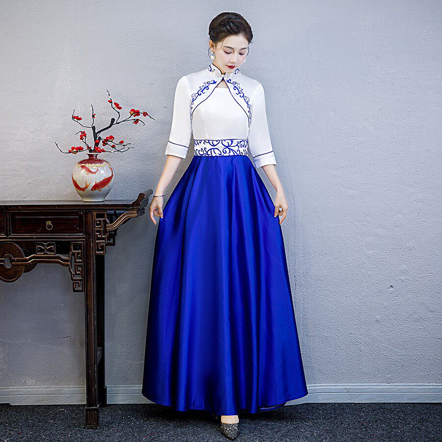 礼仪小姐旗袍迎宾服装女夏颁奖服酒宴会礼服连衣裙大合唱演出服新