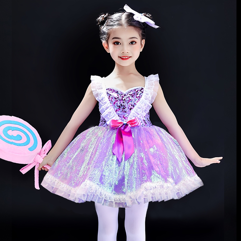 国庆儿童亮片紫色公主蓬蓬连衣纱裙幼儿园男女童可爱舞蹈演出服装