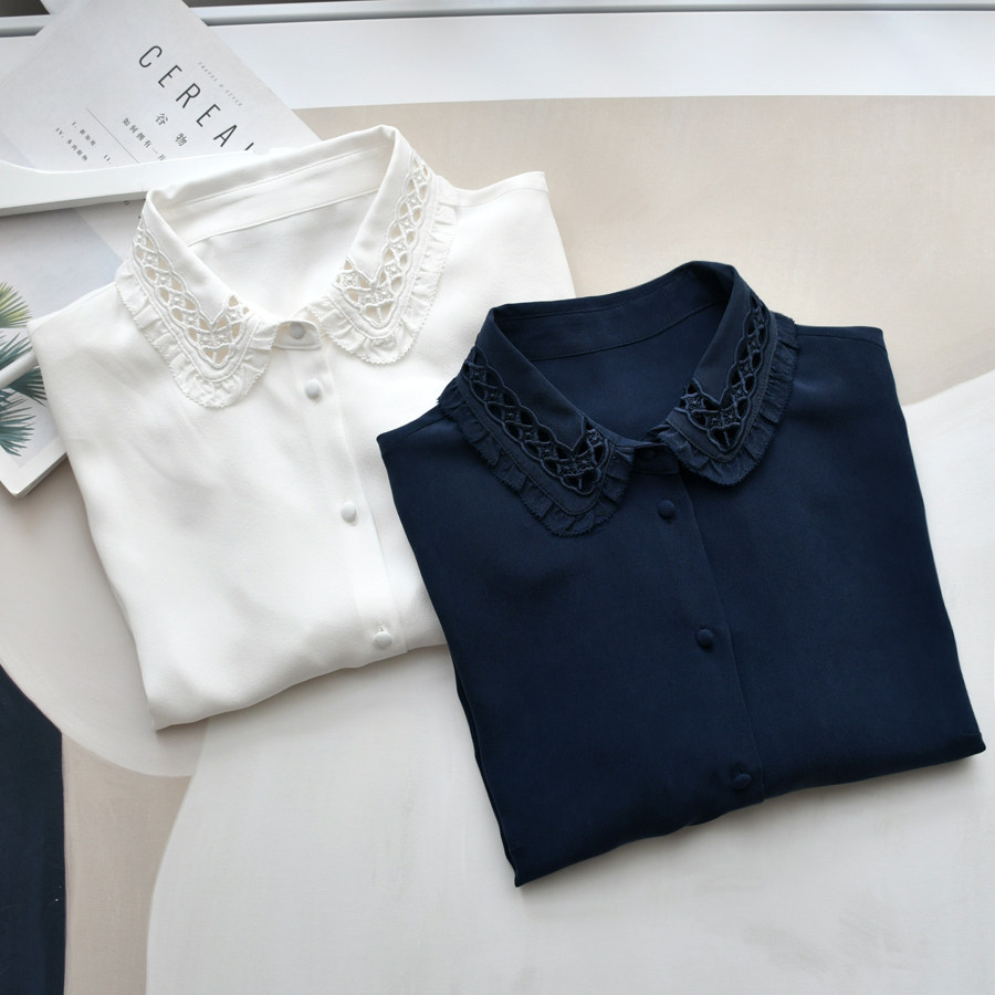 法式小众设计感镂空绣花领子白色真丝长袖衬衫彼得潘领蚕丝衬衣