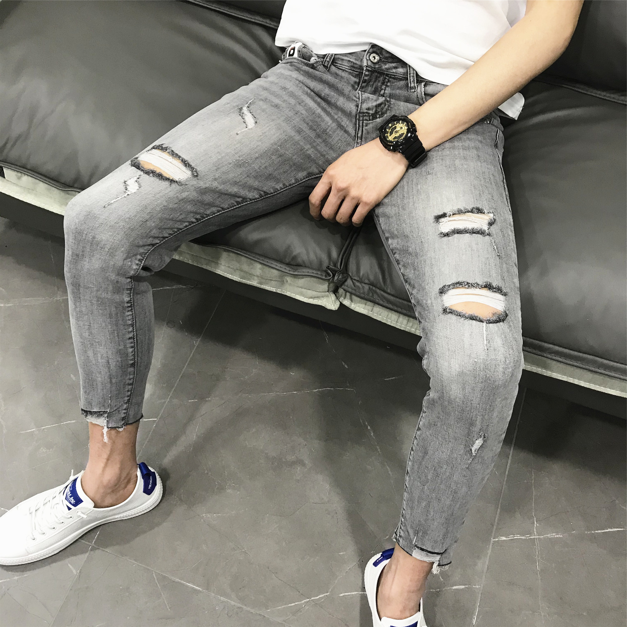 一折乞丐裤男 破洞 小脚裤社会人