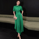 优雅气质2024年夏季新款高级感绿色长裙系带收腰不规则短袖连衣裙