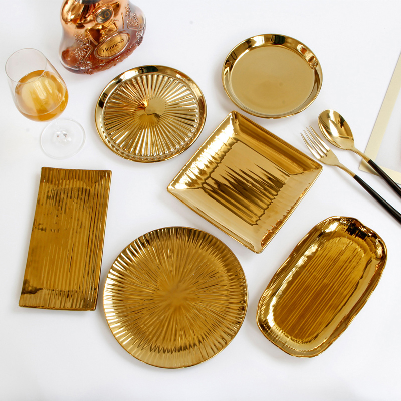 陶瓷盘子西餐盘子镀金色高档酒店欧式奢华金色盘子样板间装饰盘