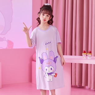 kuromi女童睡衣库洛米睡裙短袖2023莫代尔可爱卡通中童公主连衣裙