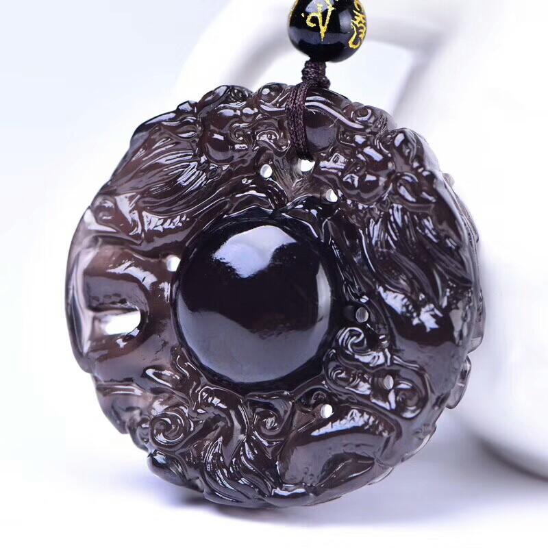 开光天然冰种黑曜石双面双龙护主吊坠招财辟邪保平安男女生肖项链