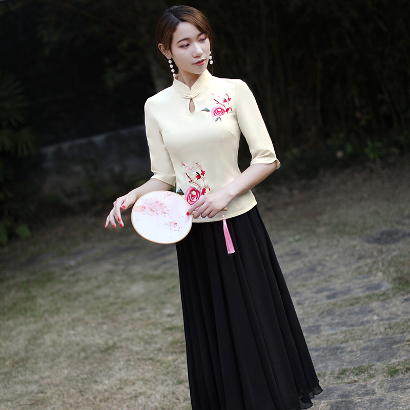 实拍2021新款春夏季修身百搭民族风中长唐礼服复古女装旗袍上衣-华顺