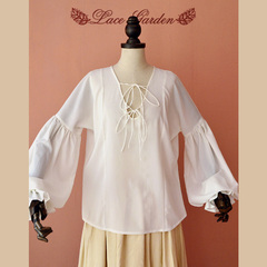 【蕾丝花园】复古洋装品牌复古维多利亚灯笼袖宽松系带白雪纺衬衫