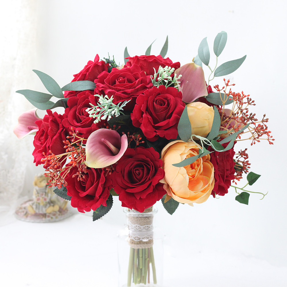 welove高档仿真绢花新娘结婚婚礼拍照手捧花中式喜服红色手捧花