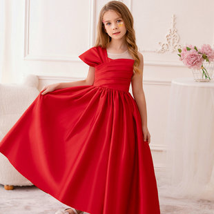 儿童黑色长款礼服裙子红色公主裙女童无袖连衣裙长裙大童演出服装