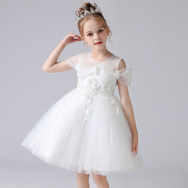儿童露肩公主裙女童白色婚纱连衣裙夏大童演出礼服宝宝蓬蓬纱裙子