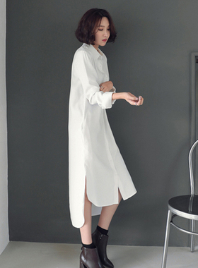 韩版简约白衬衫女个性设计长袖超长款宽松翻领大码打底纯棉衬衣裙