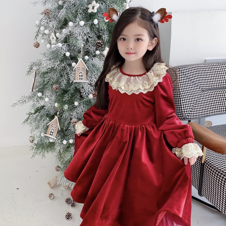 冬装红色新年裙洋气女童加绒公主裙儿童圣诞连衣裙高档生日礼服裙