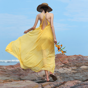 飘逸大摆淡黄色及脚踝交叉露背加长裙雪纺度假连衣裙海边沙滩裙仙