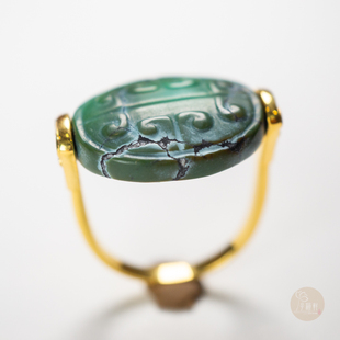 独家设计高古春秋时期绿松石云纹龟背珠18k金戒指保真古董古珠