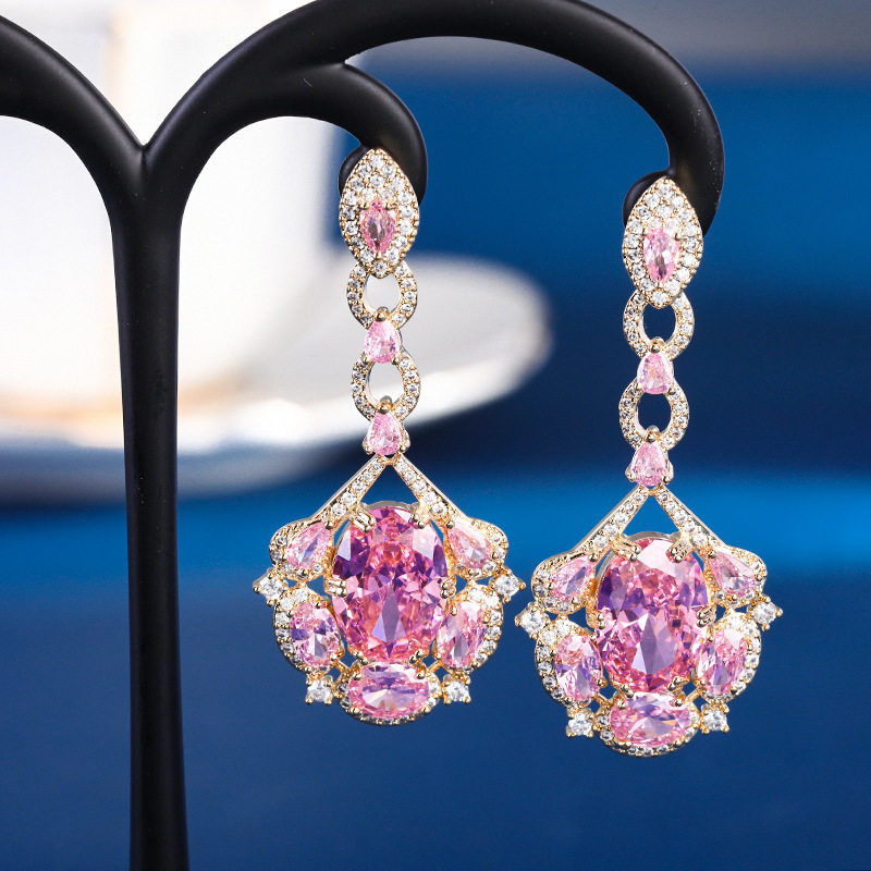 粉色锆石水滴耳环重工款高级感设计水晶耳坠时尚气质新娘耳饰银针