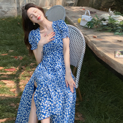 法式小清新sandro team方领蓝色仙女碎花裙桔梗温柔长裙连衣裙子 - 17