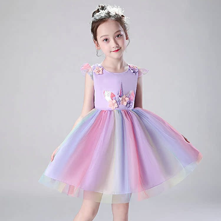 儿童婚纱裙子夏季表演出礼服仙女蓬蓬裙女童彩色公主裙七彩连衣裙
