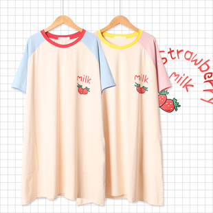 夏季新款韩版牛奶草莓甜美睡衣休闲宽松大码纯棉短袖女睡裙家居服
