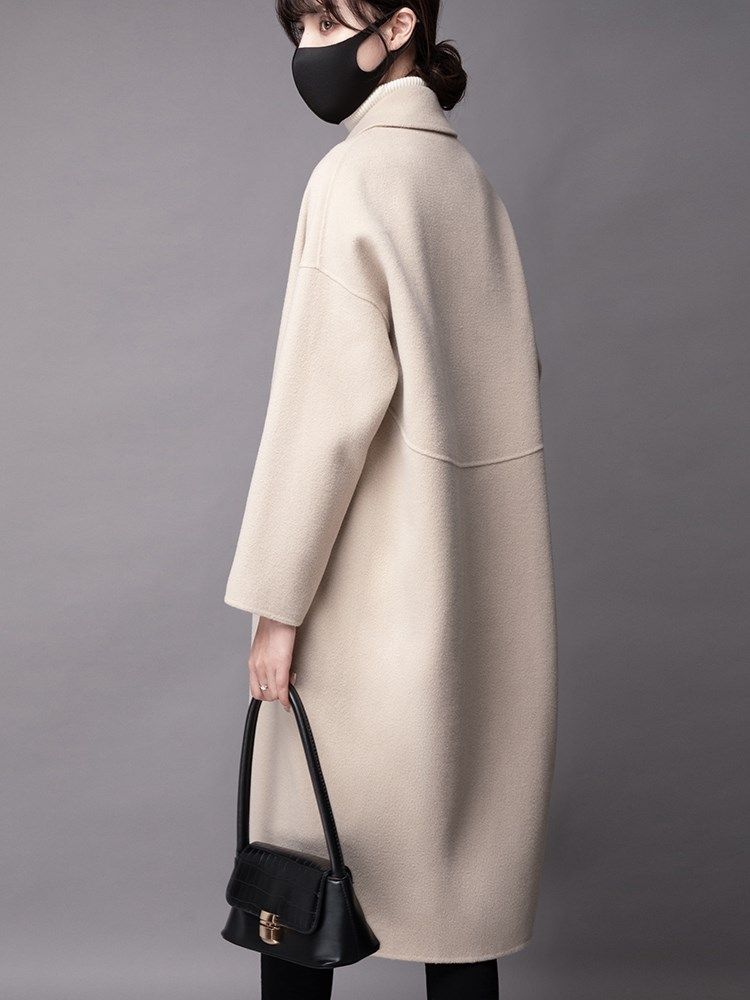 米白色双面羊绒大衣女中长款2021年新款高端羊毛呢茧型冬季外套女