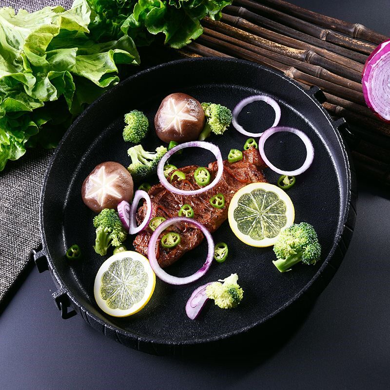 铸铁圆形烤盘不粘锅铁板商用铁板烧韩式电磁炉烧烤盘燃气烤盘家用_不