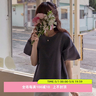 韩国直邮2024年夏季Leelin甜美可爱百搭圆领圆点宽松泡泡短袖衬衫