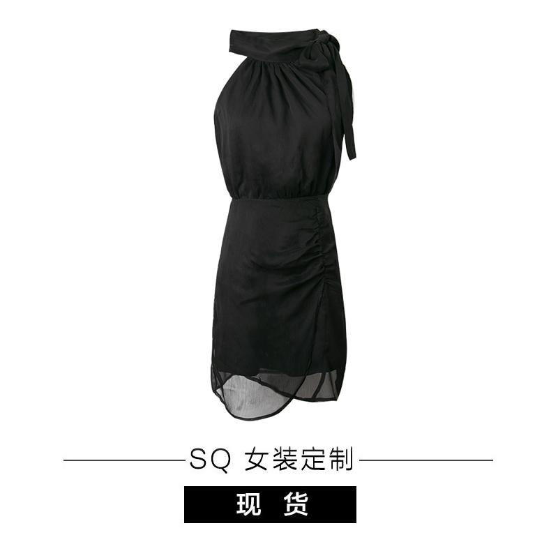 SQ【浮生若梦】 法式温柔挂脖系带连衣裙女夏季性感小黑裙纯欲