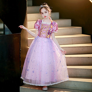 公主裙女童2023夏季新款短袖裙子儿童夏装生日礼服紫色洋气连衣裙