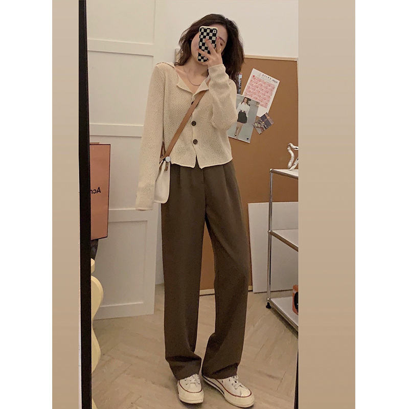 halonini棕色西装裤2022年新款秋季百搭高腰显瘦宽松直筒拖地裤子