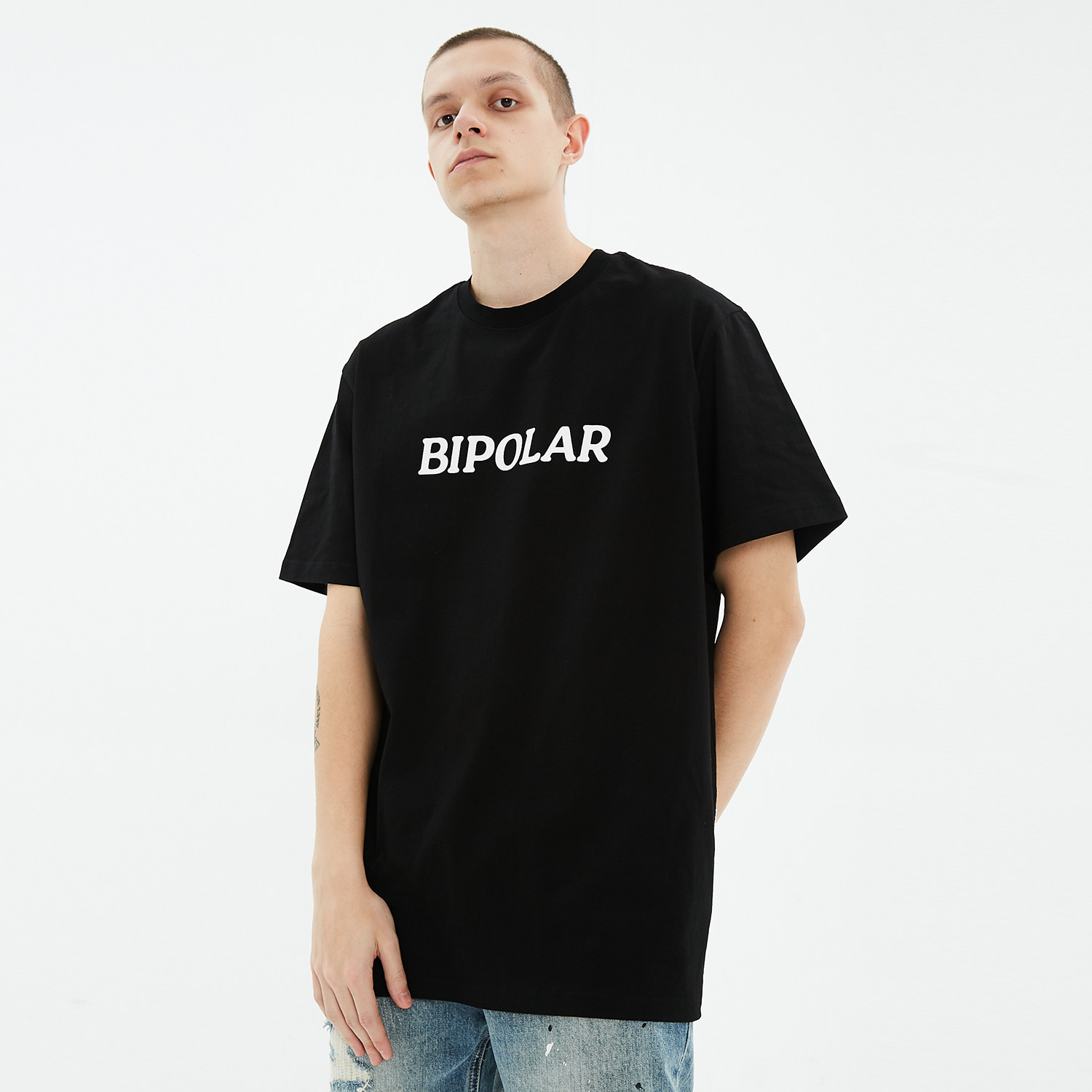 bipolar夏季宽松基础字短袖男白休闲国潮牌情侣装黑色印花纯棉t恤