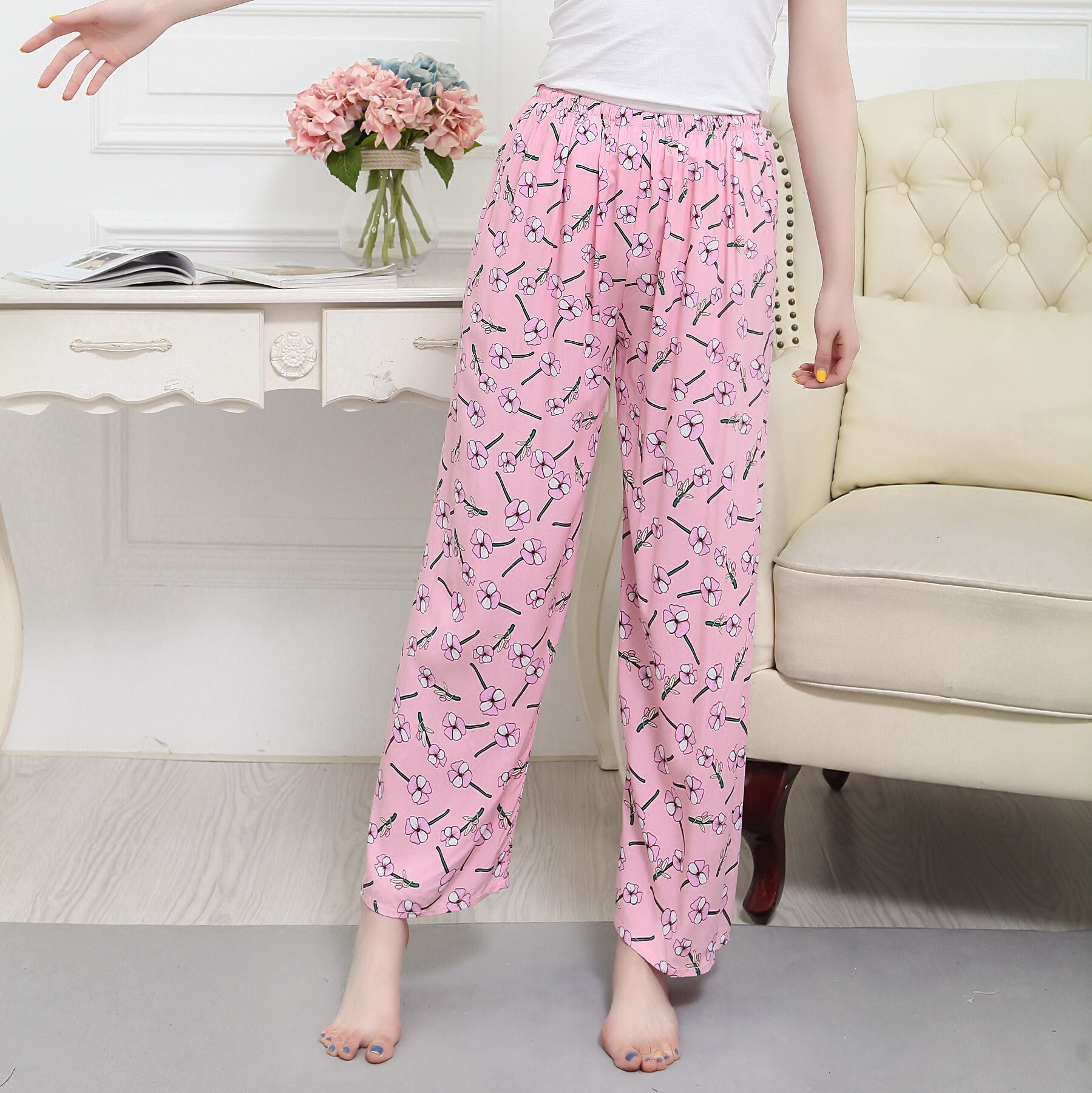 新品2019桑绵绸人造棉棉绸裤东方绸府绵绸女睡裤单c裤长裤花裤