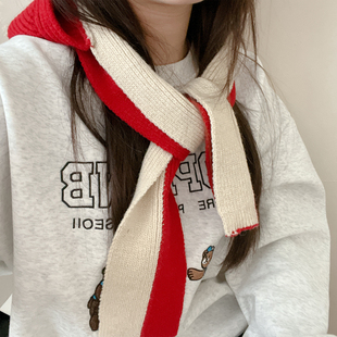 韩国百搭可爱风针织拼色帽子围巾一体秋冬季网红款保暖带帽披肩女