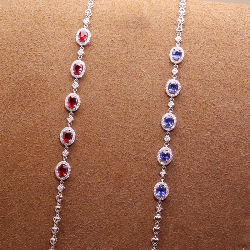 缘彩珠宝天然鸽血红宝石手链18k金镶钻石蓝宝石手链彩宝手镯