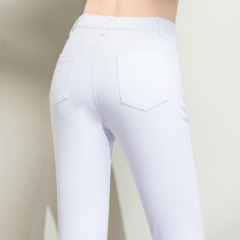 白色松紧腰牛仔裤女高弹力高腰大码针织四面弹胖mm小脚裤显瘦春季
