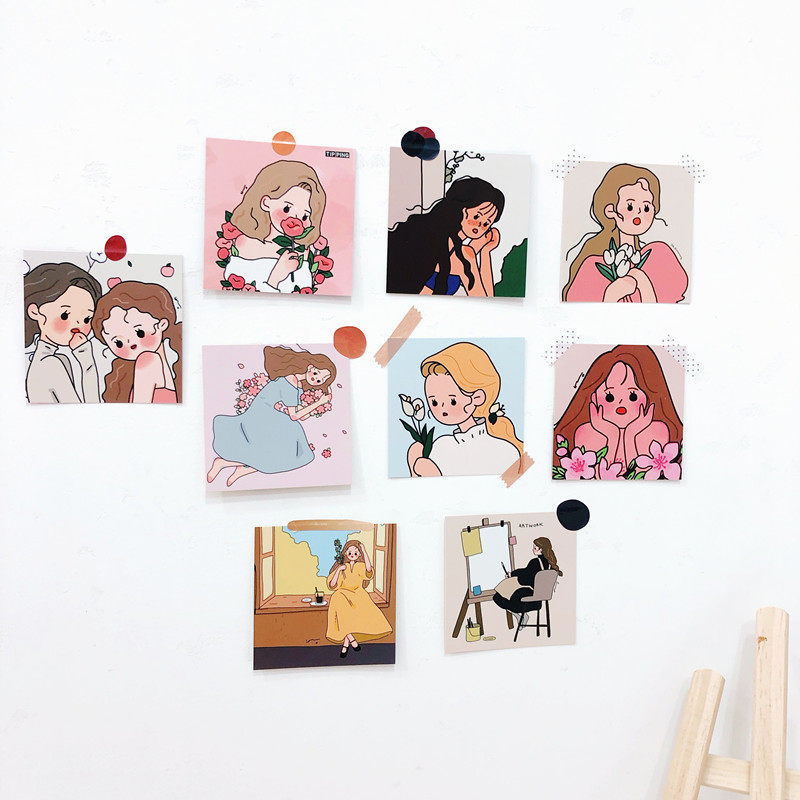ins韩风插画卡片可爱粉色少女心墙贴贴纸宿舍卧室墙面装饰卡片