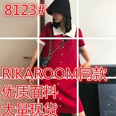 RIKAROOM 2018新款红色娃娃领针织连衣裙女夏复古短袖中长款裙子