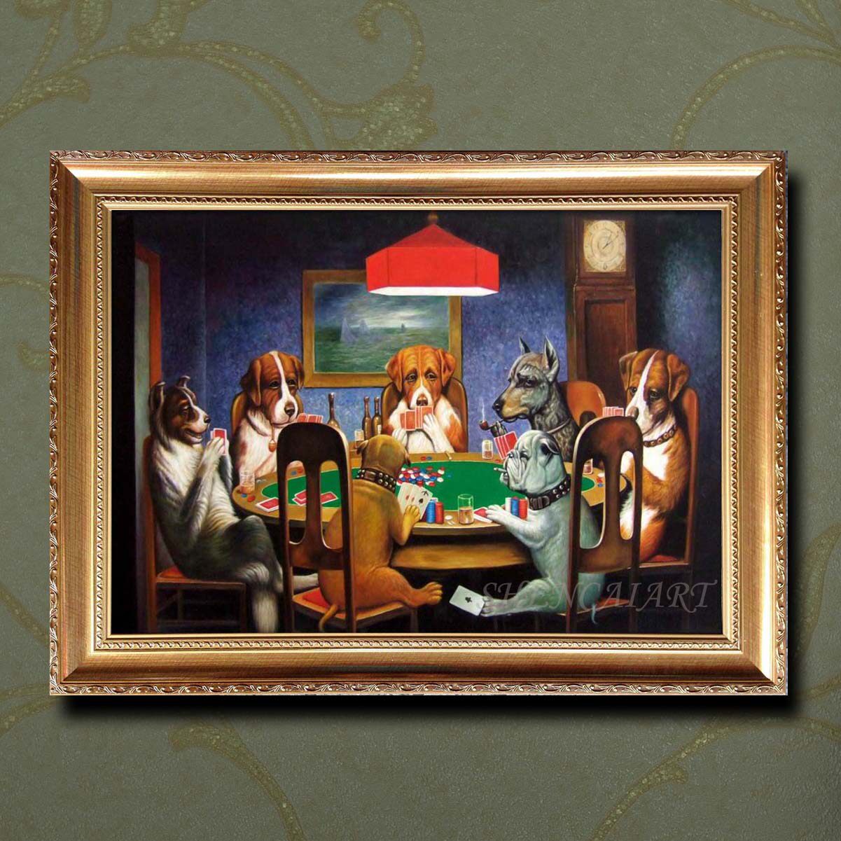 欧式手绘油画动物狗玩扑克客厅餐厅装饰画茶馆油画