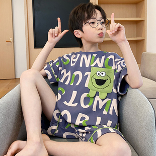韩国男童夏季纯棉短袖2024新款睡衣薄款套装男童大童青少年家居服