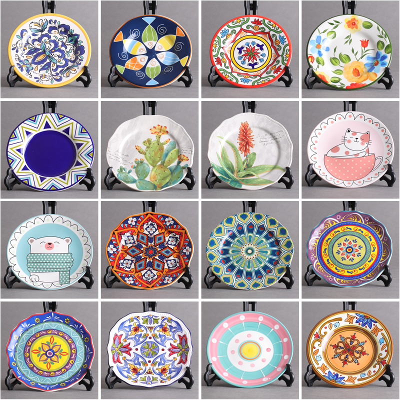 8英寸陶瓷家用菜盘子手彩绘餐具日式美式平盘鱼盘牛排西餐圆托盘