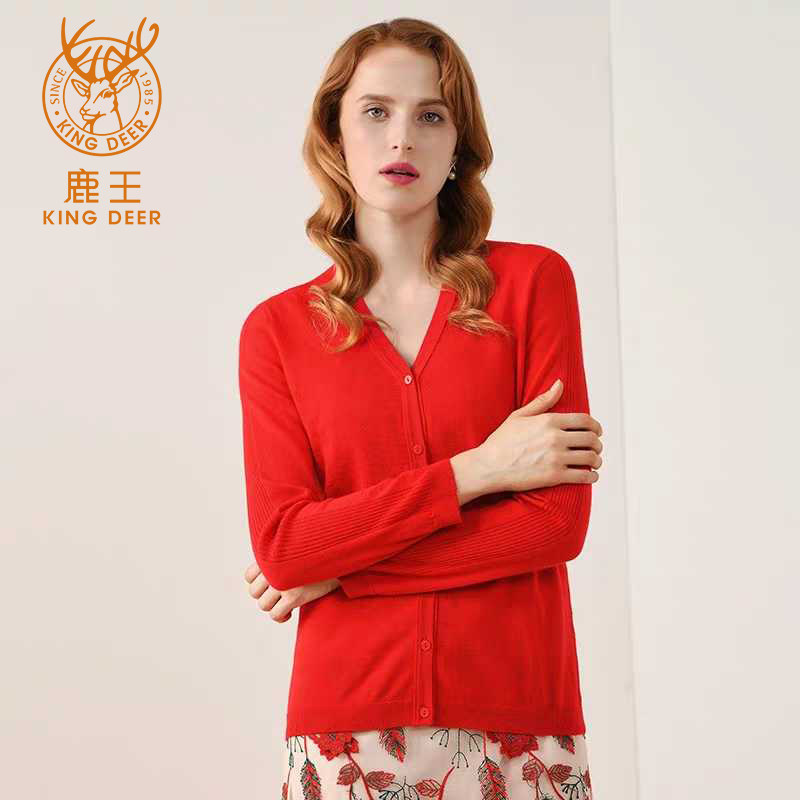 冬正品鹿王女装山羊绒衫长袖单排扣平针圆领纯色打底百搭开衫毛衣