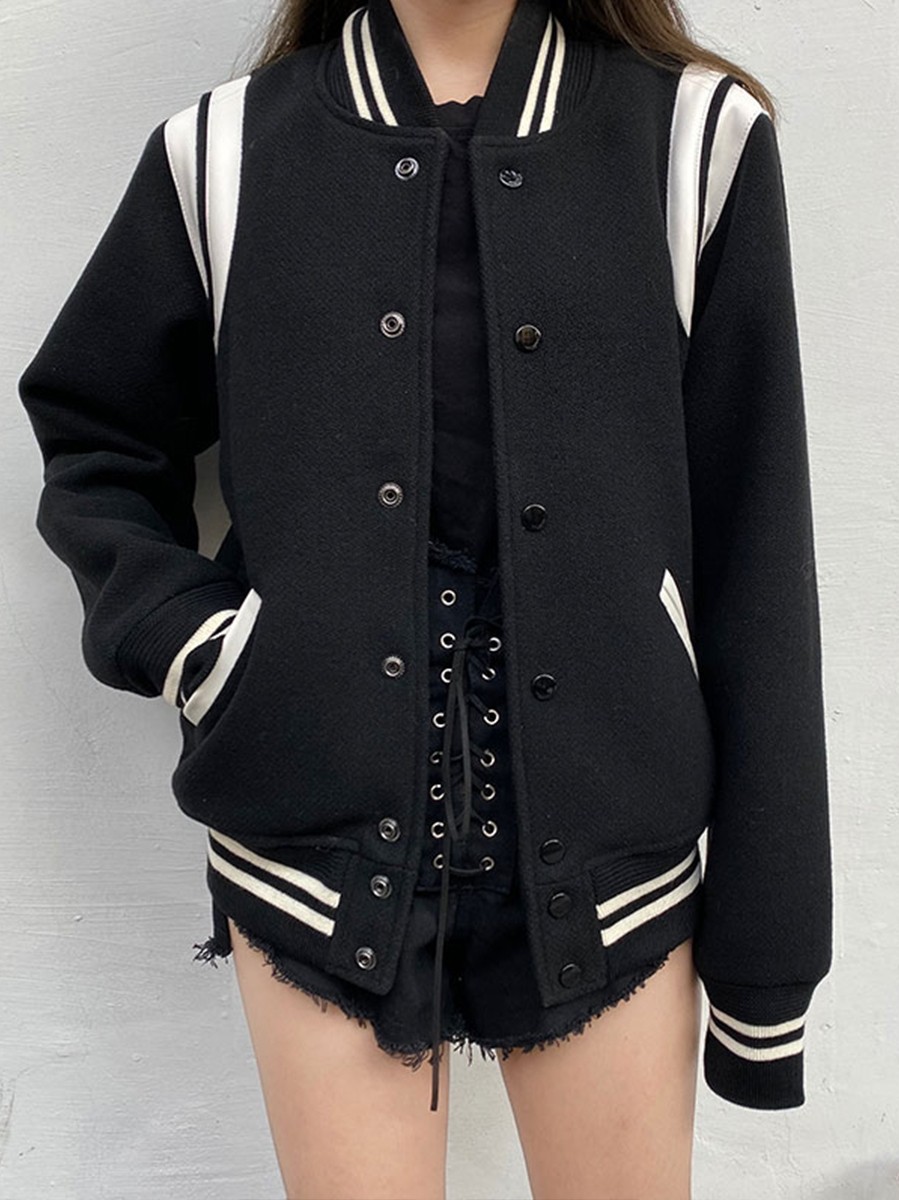 现货slp风格棒球服 黑白拼接羊毛呢飞行员夹克男女款百搭春季外套