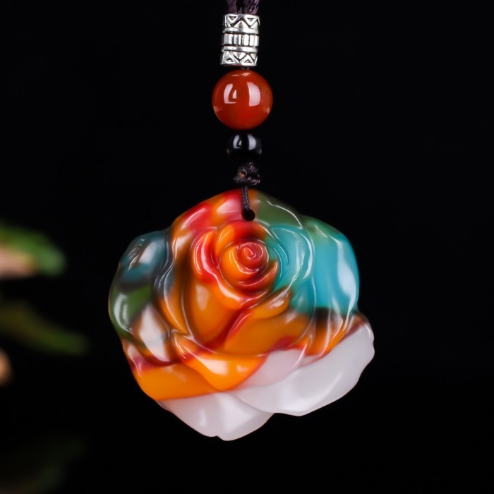 天然和田玉彩玉玫瑰花吊坠 女款女士金丝玉鸡血玉七