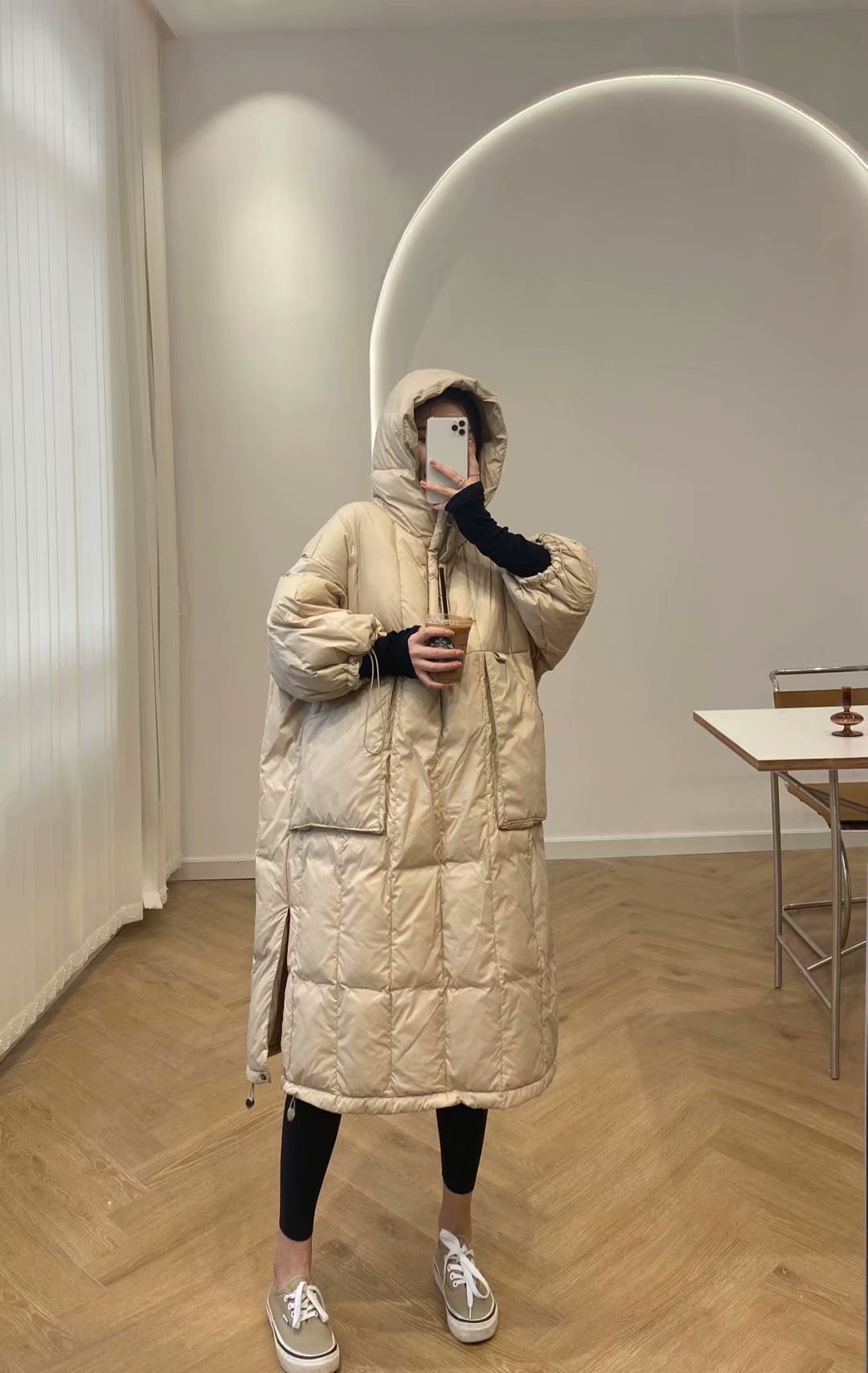 反季宽松连帽卫衣羽绒服女中长款2021新款韩版过膝休闲白鸭绒外套