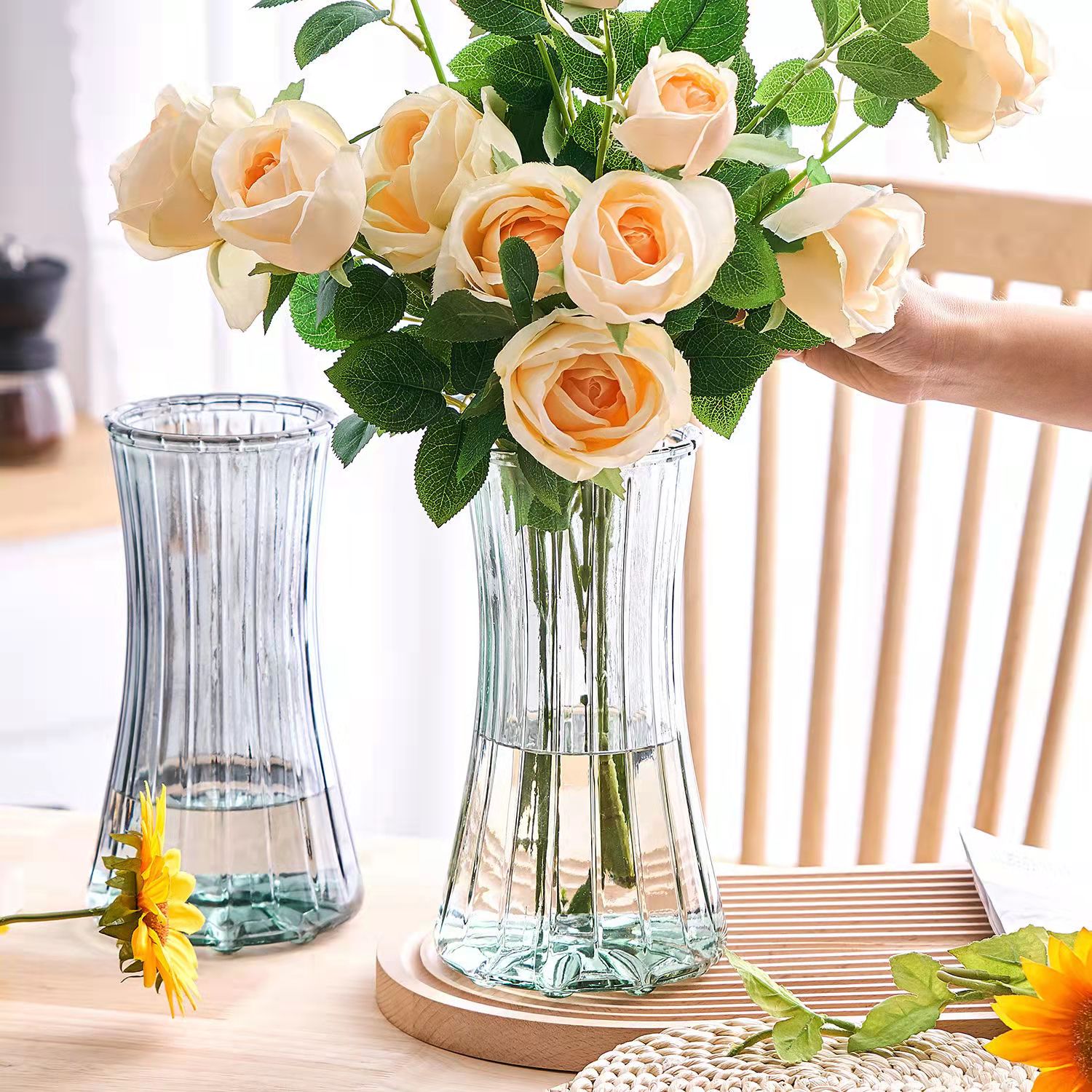 简约创意描金透明玻璃花瓶水培绿萝植物干花鲜花插花居家客厅装饰