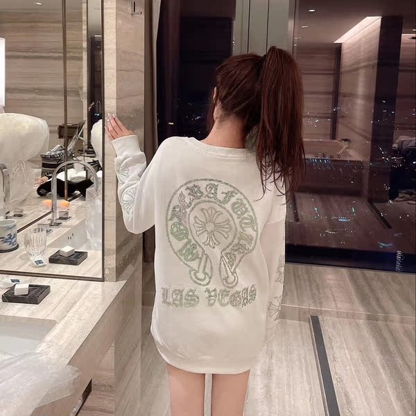 潮牌ch重工烫钻十字架梵文字母马蹄印加绒卫衣女韩版休闲宽松上衣