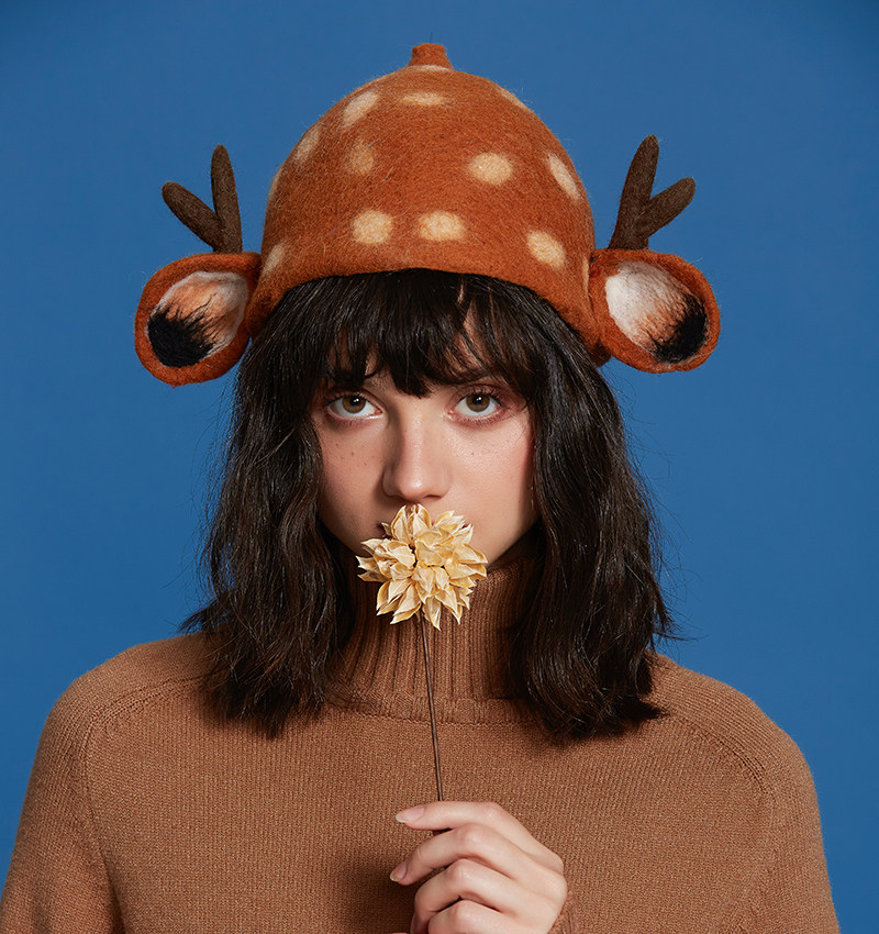 瘦瘦家 手工原创湿毡森系麋鹿精灵帽子diy创意搞怪可爱亲子款帽