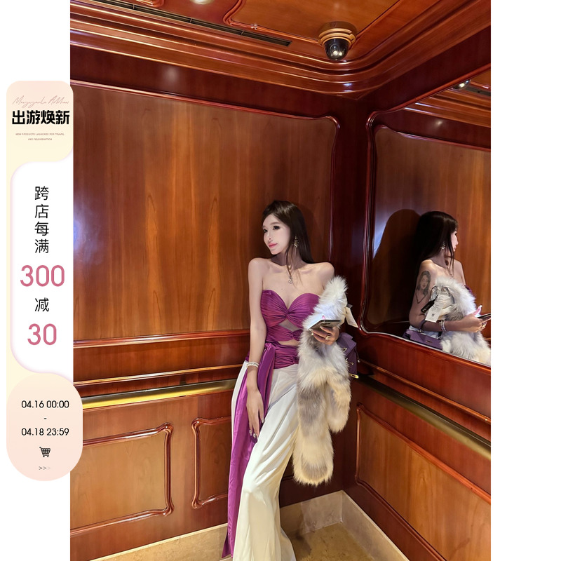 陈允朵*葡萄紫3.0缎面绒飘带系带重工轻奢背心巨显白褶皱抹胸上衣