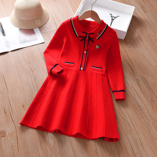 女童针织连衣裙红色2024新款秋冬洋气冬季女孩生日公主加厚毛衣裙